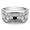 0.3 Ct. Black and White Three Stone Men's Wedding Ring with Ribbed Edges