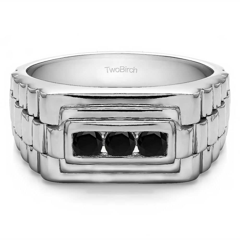 0.3 Ct. Black Three Stone Men's Wedding Ring with Ribbed Edges
