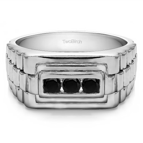 0.3 Ct. Black Three Stone Men's Wedding Ring with Ribbed Edges