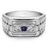 0.3 Ct. Sapphire and Diamond Three Stone Men's Wedding Ring with Ribbed Edges