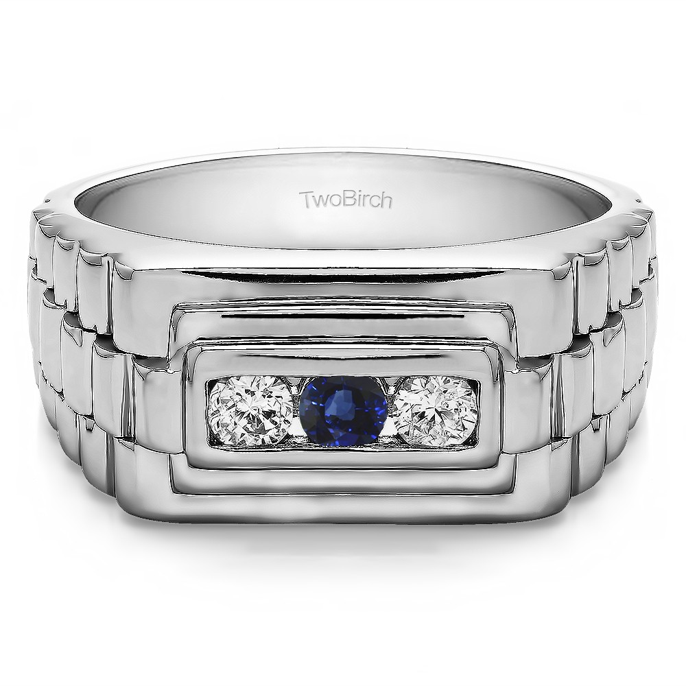 0.3 Ct. Sapphire and Diamond Three Stone Men's Wedding Ring with Ribbed Edges