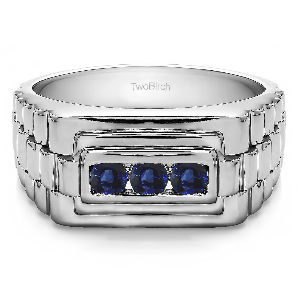 0.3 Ct. Sapphire Three Stone Men's Wedding Ring with Ribbed Edges