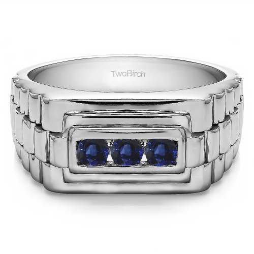 0.3 Ct. Sapphire Three Stone Men's Wedding Ring with Ribbed Edges