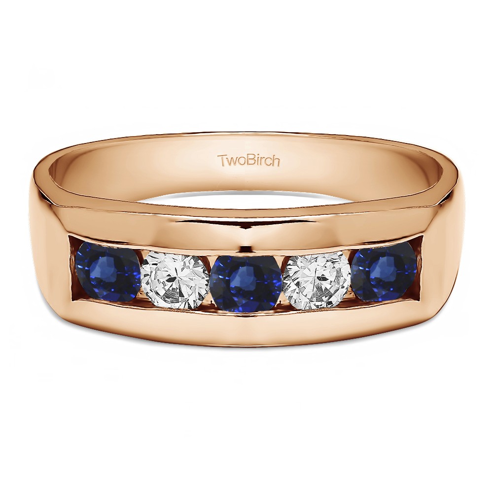 0.75 Ct. Sapphire and Diamond 5 Stone Channel Set Men's Wedding Ring in Rose Gold