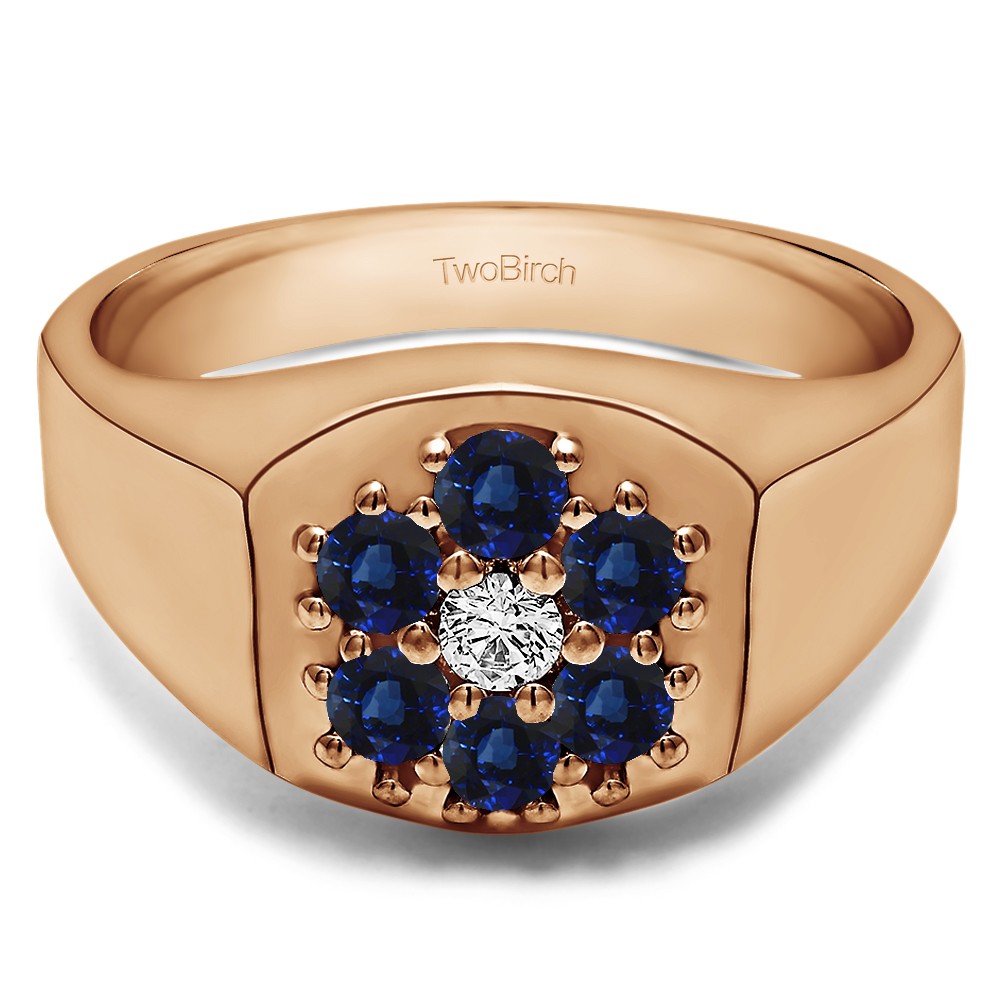 0.74 Ct. Sapphire and Diamond Cluster Men's Fashion Ring in Rose Gold