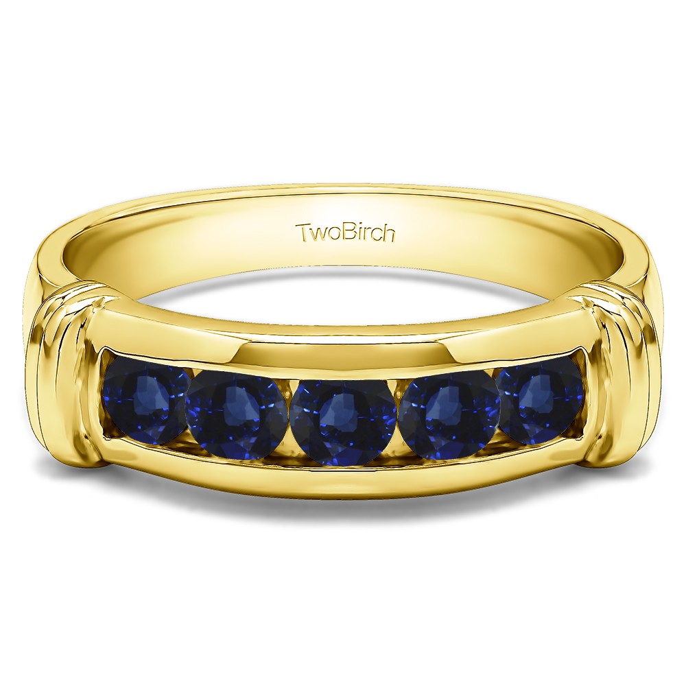 1 Ct. Sapphire Five Stone Channel Set Men's Band With Raised Edges in Yellow Gold