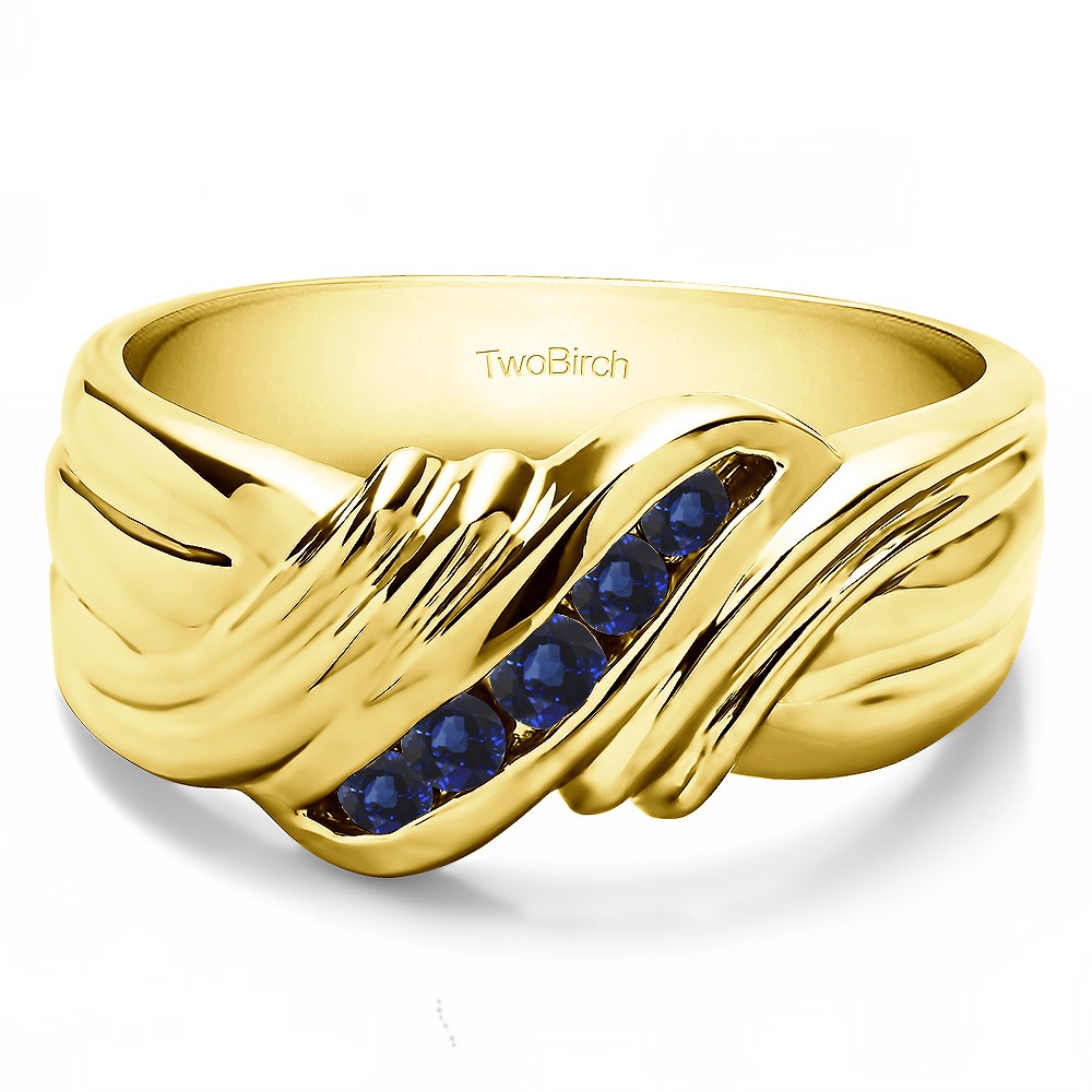 0.27 Ct. Sapphire Five Stone Twisted Shank Men's Wedding Band in Yellow Gold