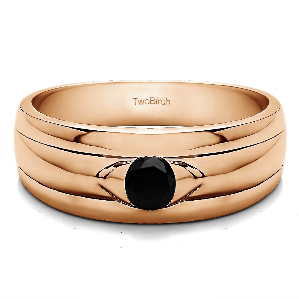 0.25 Ct. Black Stone Burnished Solitaire Men's Wedding Ring with Ribbed Shank in Rose Gold