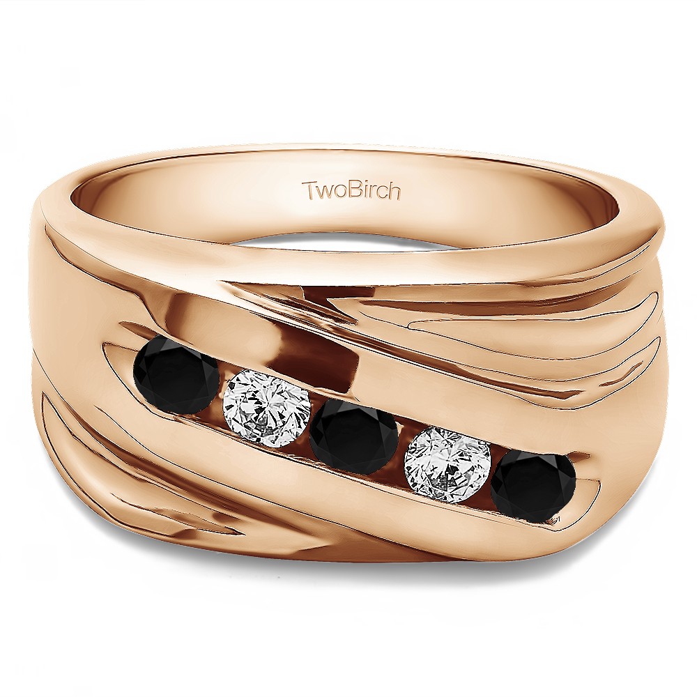 1 Ct. Black and White Five Stone Channel Set Ribbed Shank Men's Wedding Band in Rose Gold