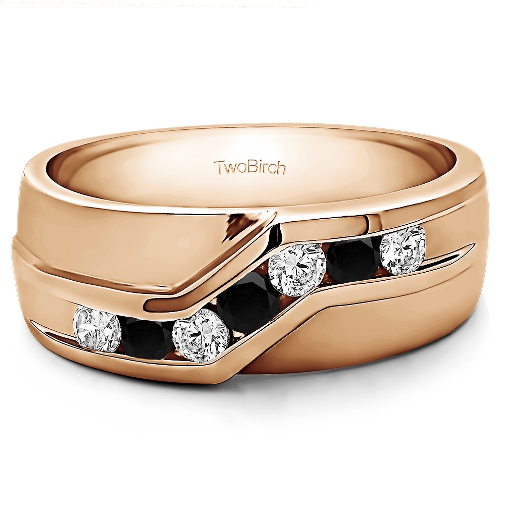 0.48 Ct. Black and White Stone Twisted Channel Set Men's Wedding Band in Rose Gold
