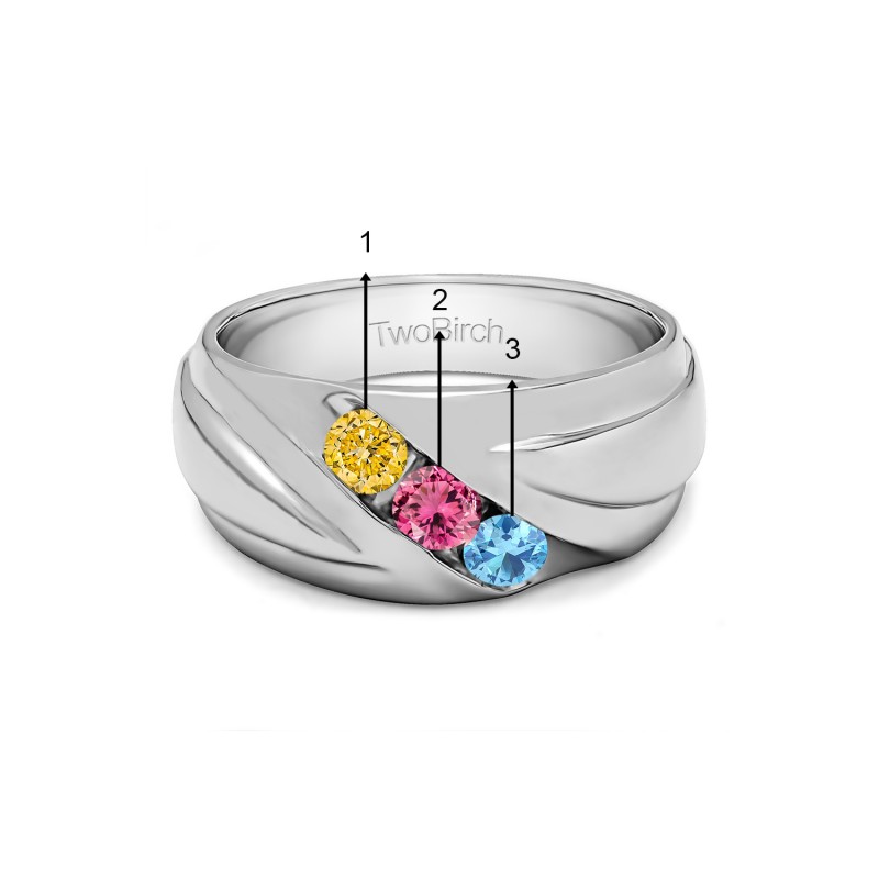TwoBirch Men's Wedding Rings 0.48 Ct. Three Birthstone Channel Set Ribbed Men's Wedding Ring