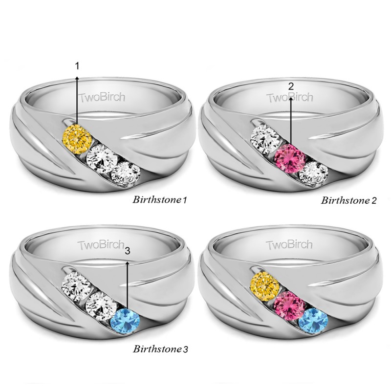 TwoBirch Men's Wedding Rings 0.48 Ct. Three Birthstone Channel Set Ribbed Men's Wedding Ring