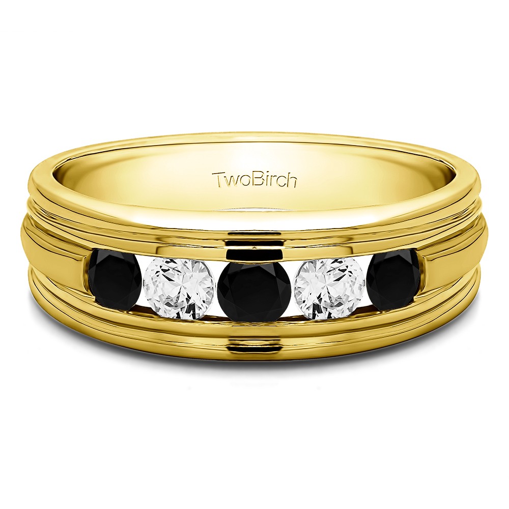 0.75 Ct. Black and White Five Stone Channel Set Men's Wedding Band with Ribbed Shank in Yellow Gold