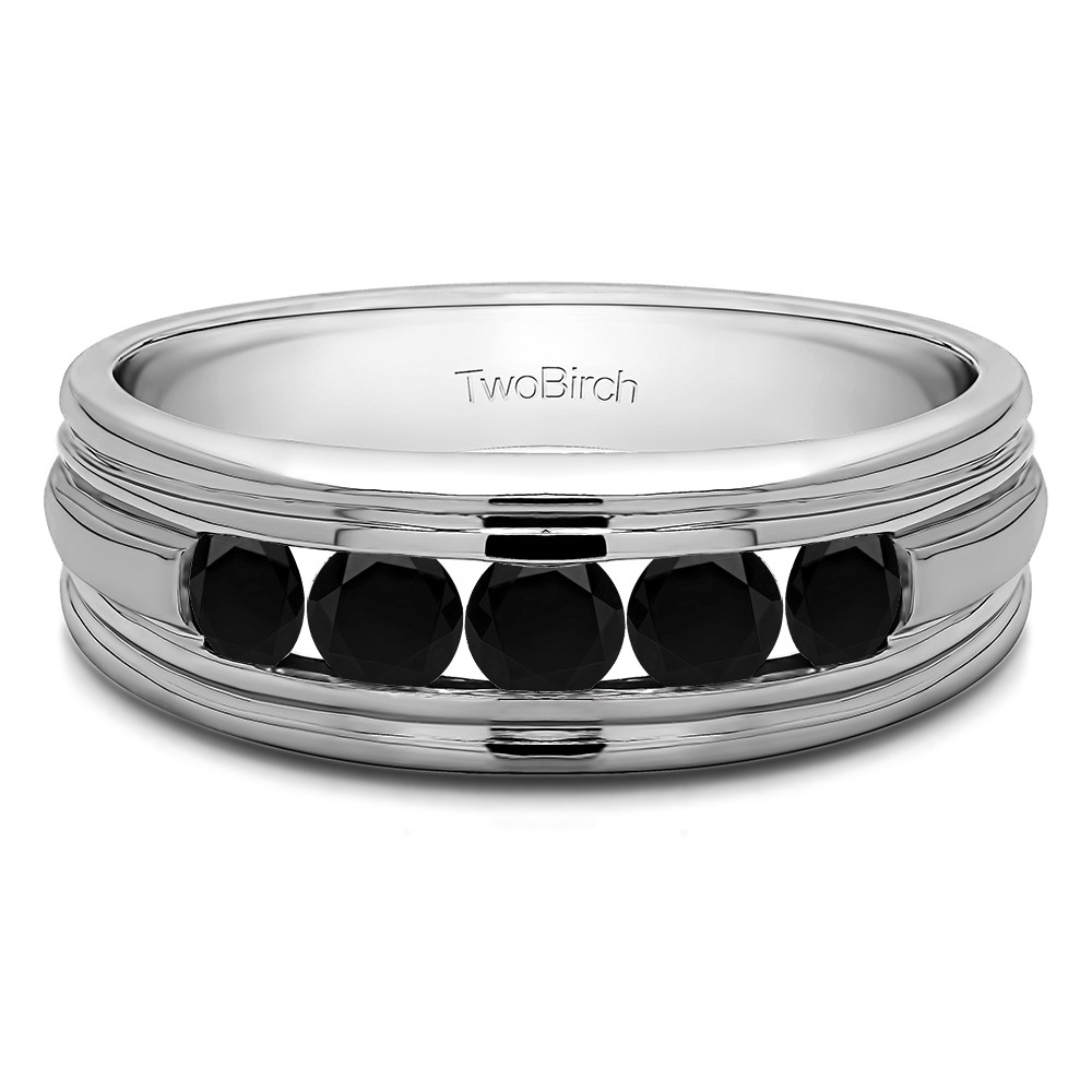 0.5 Ct. Black Five Stone Channel Set Men's Wedding Band with Ribbed Shank