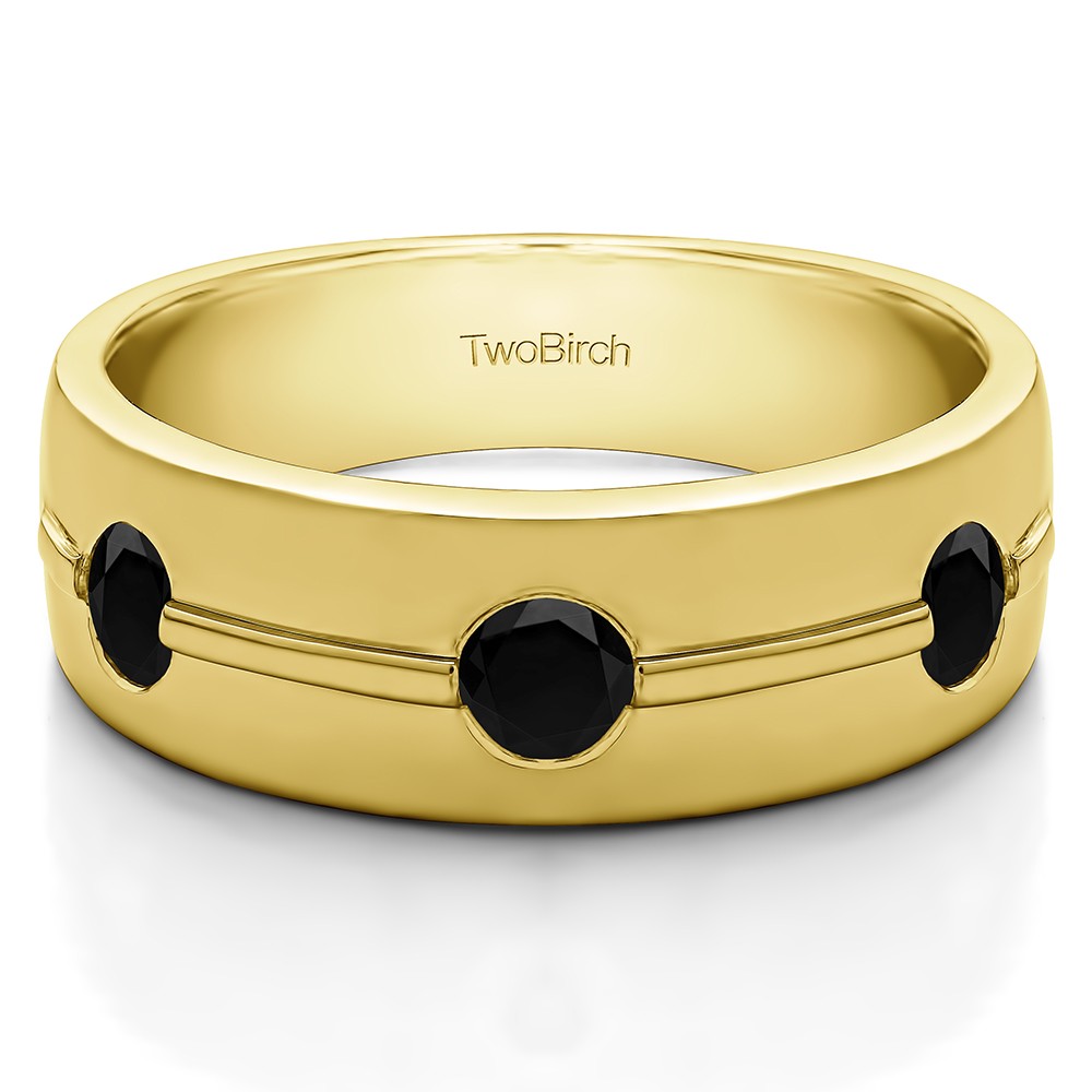 0.5 Ct. Black Three Stone Burnished Men's Wedding Ring With Ribbed Design in Yellow Gold