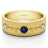 0.5 Ct. Sapphire and Diamond Three Stone Burnished Men's Wedding Ring With Ribbed Design in Yellow Gold