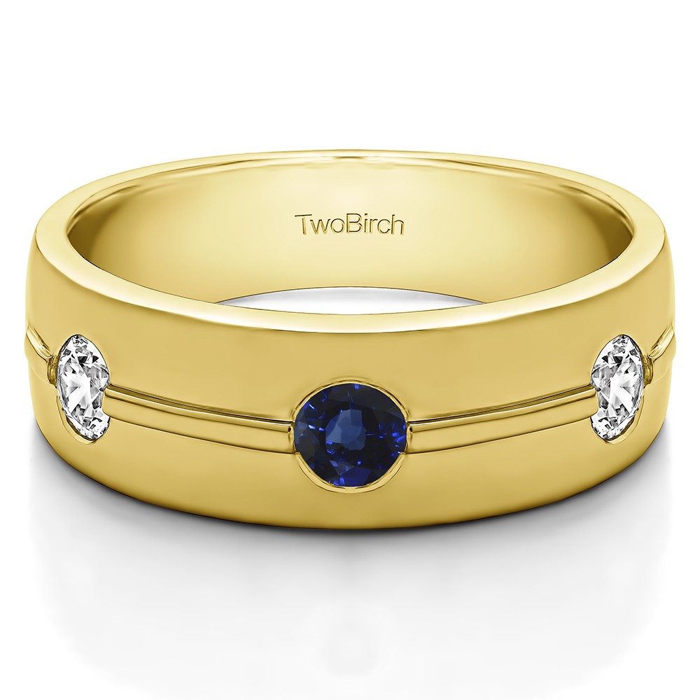 0.5 Ct. Sapphire and Diamond Three Stone Burnished Men's Wedding Ring With Ribbed Design in Yellow Gold