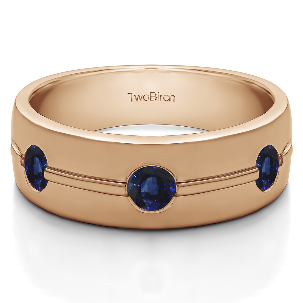0.5 Ct. Sapphire Three Stone Burnished Men's Wedding Ring With Ribbed Design in Rose Gold