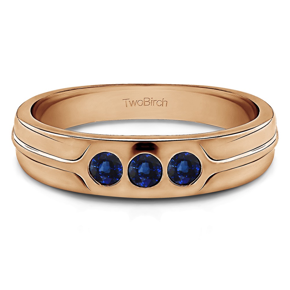0.33 Ct. Sapphire Three Stone Burnished Designer Shank Men's Wedding Ring in Rose Gold