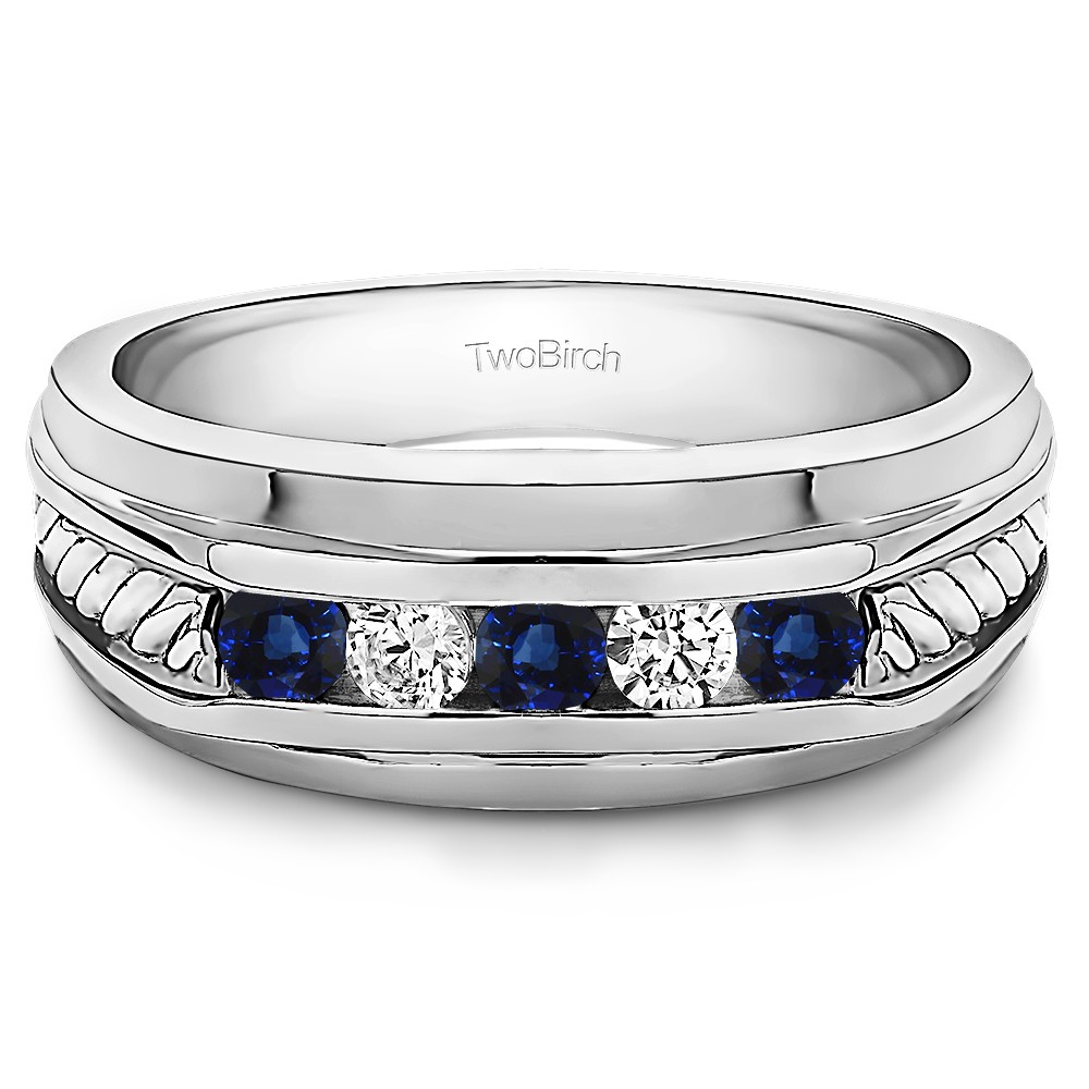 0.5 Ct. Sapphire and Diamond Five Stone Channel Set Men's Wedding Ring with Braided Shank
