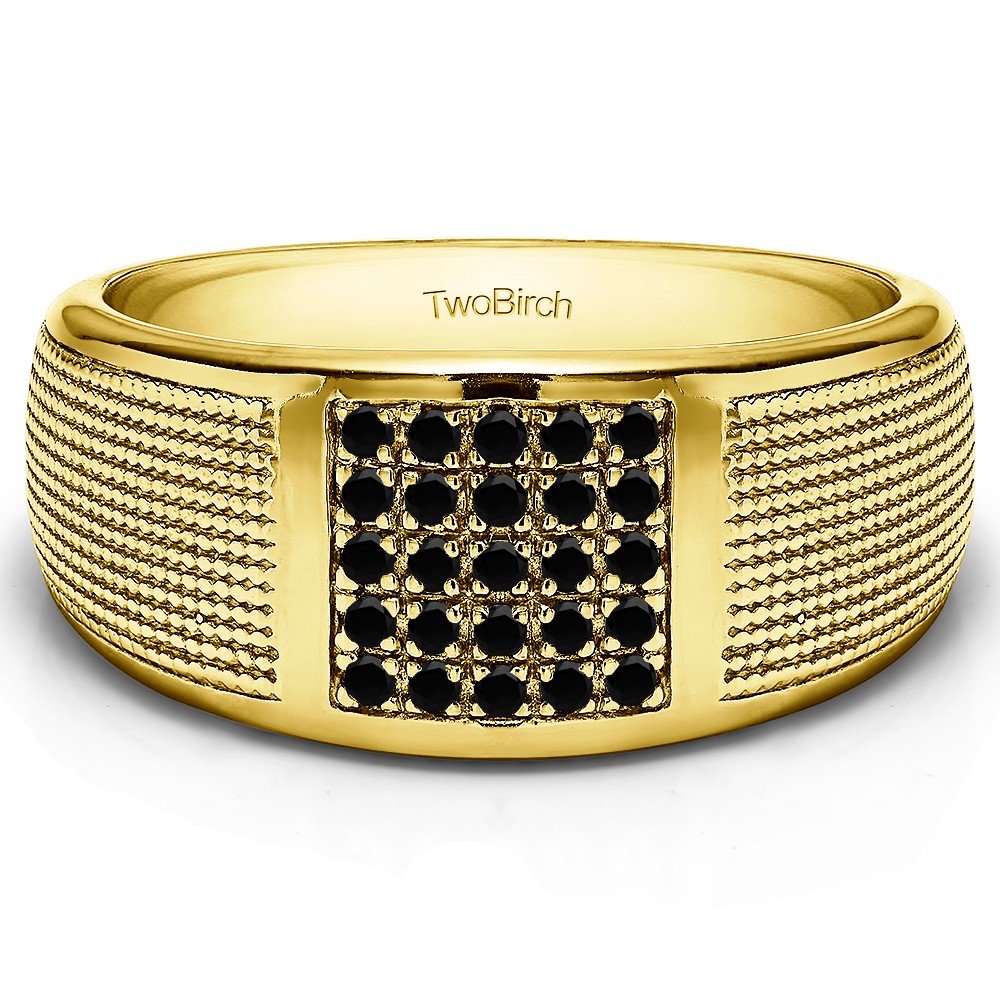 0.25 Ct. Black Stone Round Cluster Top Ribbed Shank Men's Wedding Ring in Yellow Gold