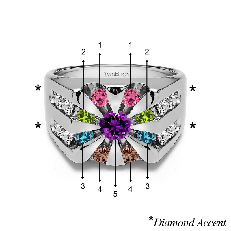 TwoBirch Men's Wedding Rings 1 Ct. Birthstone Round Channel Set Sun Burst Style Men's Ring in