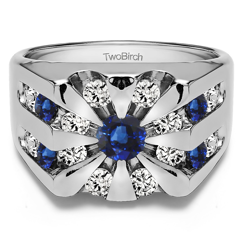 0.5 Ct. Sapphire and Diamond Round Channel Set Sun Burst Style Men's Ring