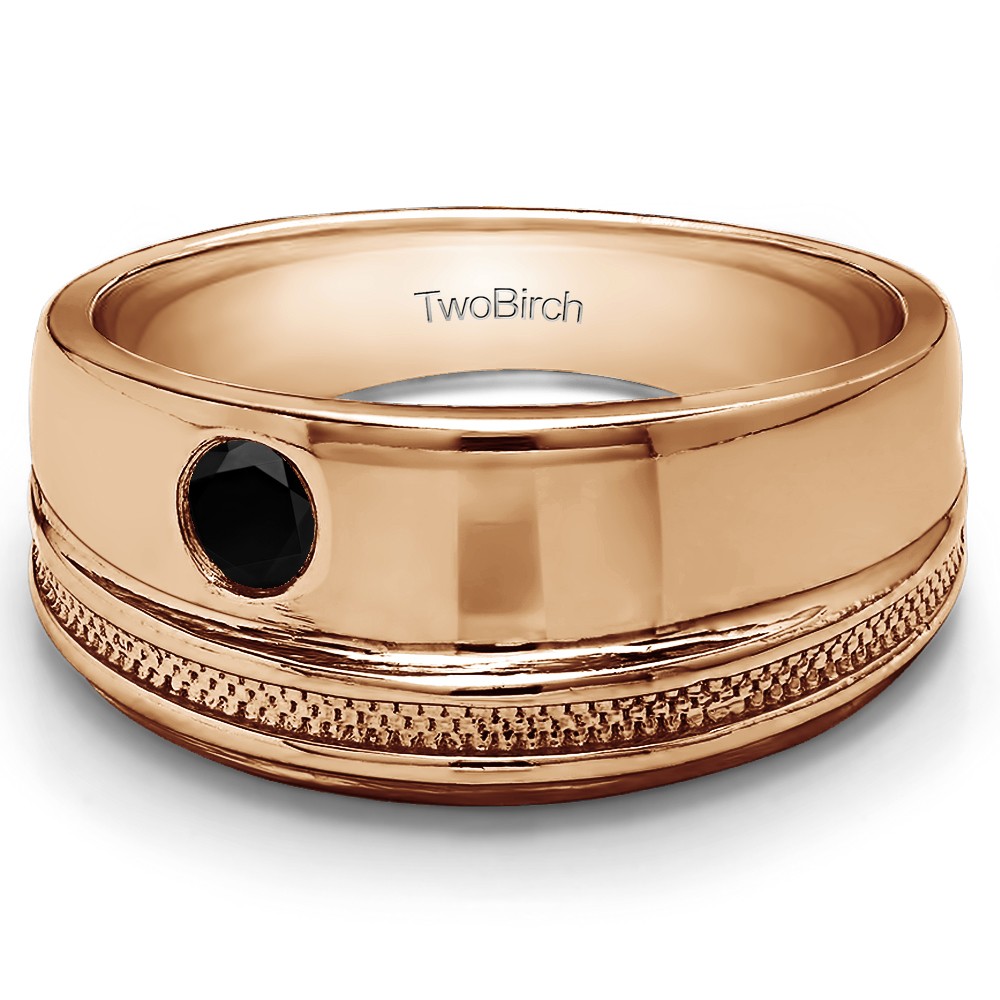 0.3 Ct. Black Stone Solitaire Millgrained Men's Wedding Ring in Rose Gold