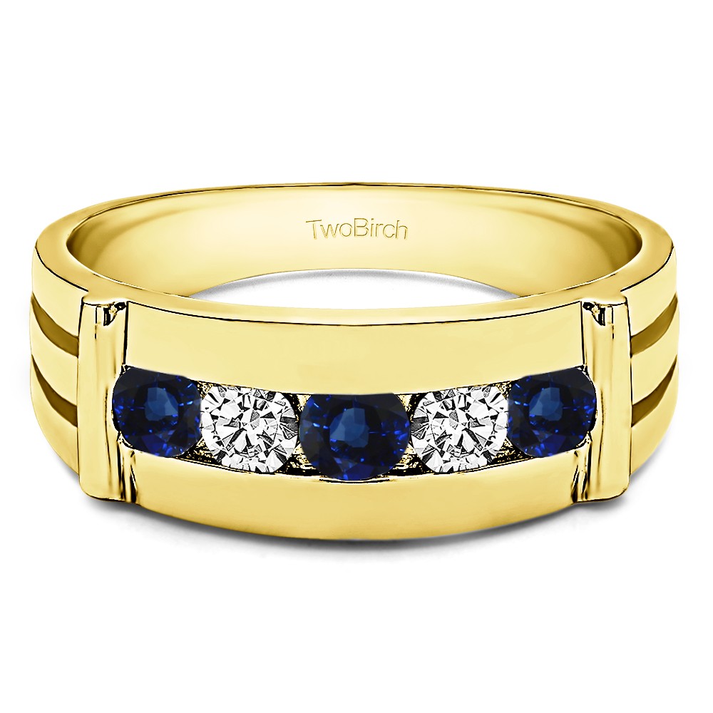 0.5 Ct. Sapphire and Diamond Channel Set Men's Ring With Bars in Yellow Gold