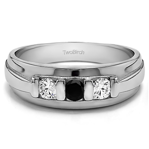 0.24 Ct. Black and White Three Stone Bar Set Men's Wedding Ring