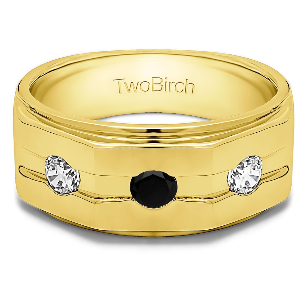 0.36 Ct. Black and White Stone Round Burnished Set Three Stone Men's Ring in Yellow Gold