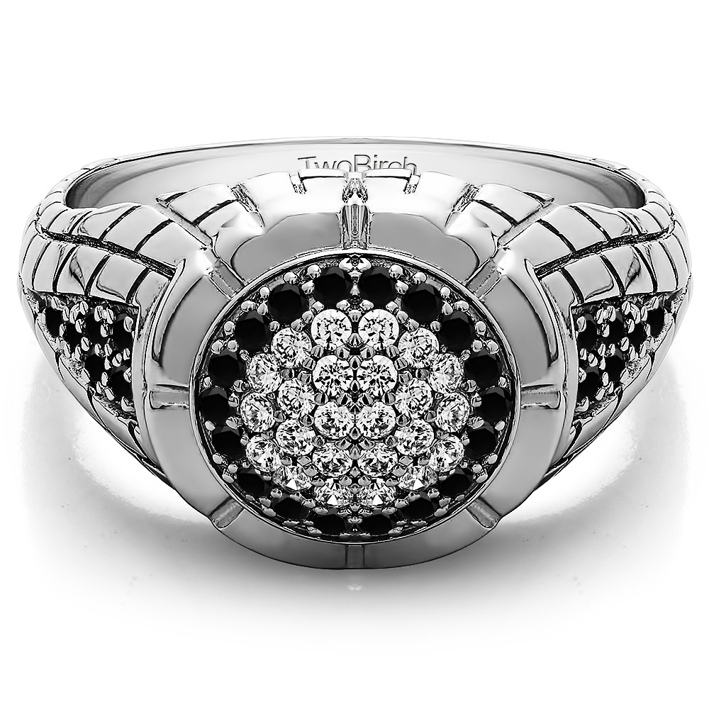 0.54 Ct. Black and White Stone Domed Men's Ring with Engraved Design