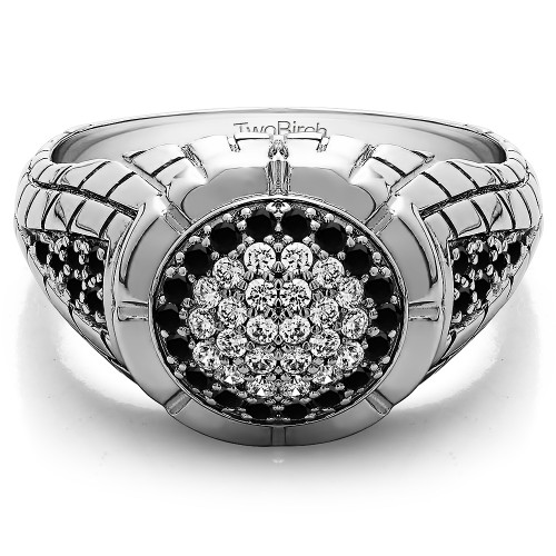 0.54 Ct. Black and White Stone Domed Men's Ring with Engraved Design