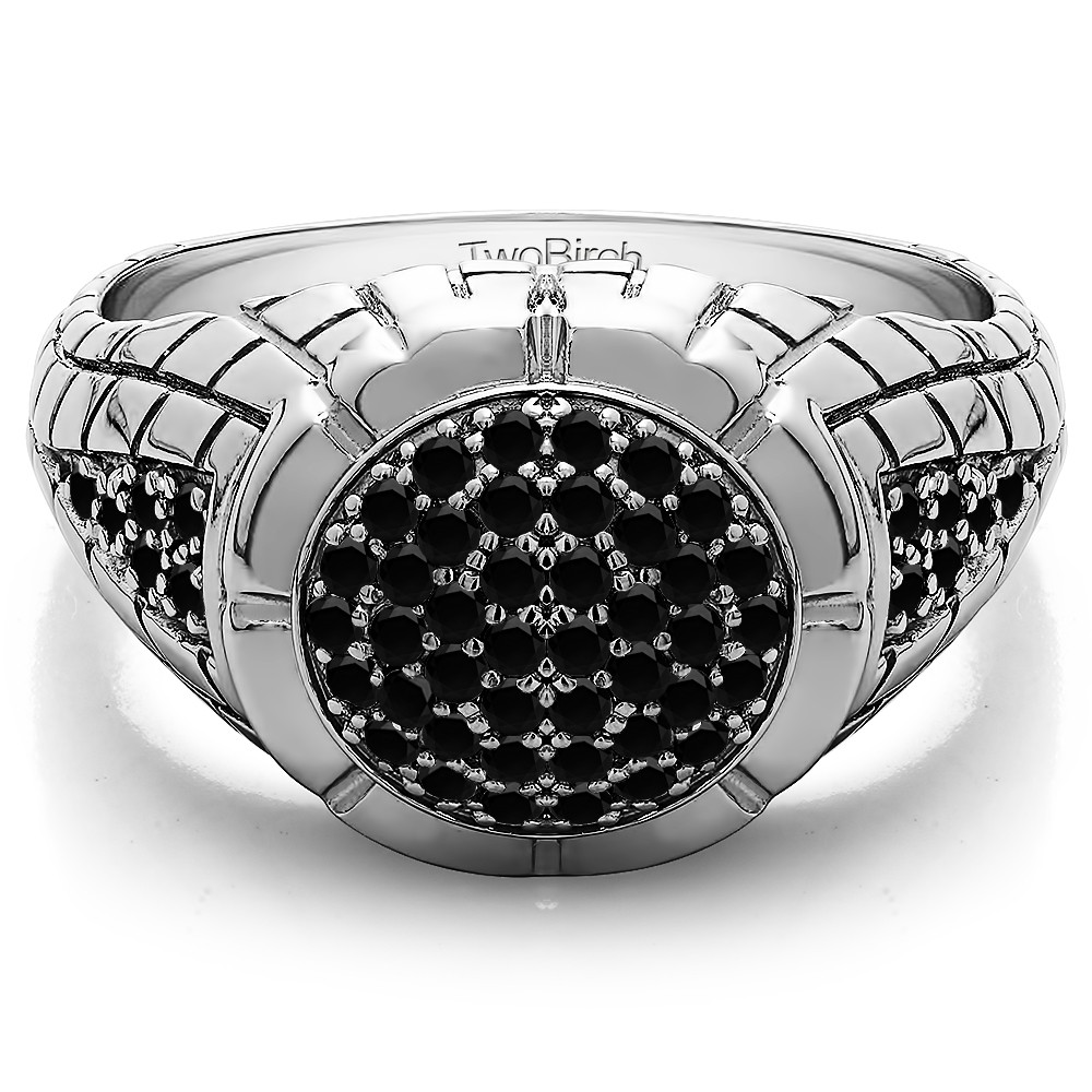 0.54 Ct. Black Stone Domed Men's Ring with Engraved Design