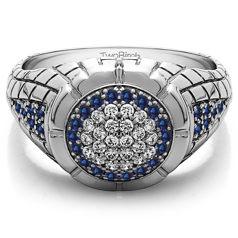 0.54 Ct. Sapphire and Diamond Domed Men's Ring with Engraved Design