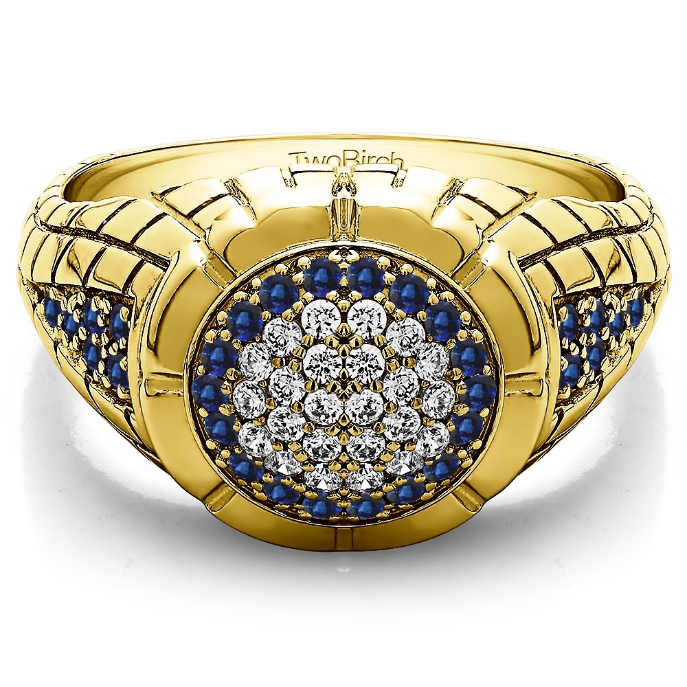 0.54 Ct. Sapphire and Diamond Domed Men's Ring with Engraved Design in Yellow Gold