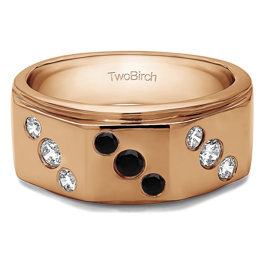 0.48 Ct. Black and White Stone Three Row Round Burnished Set Men's Ring in Rose Gold