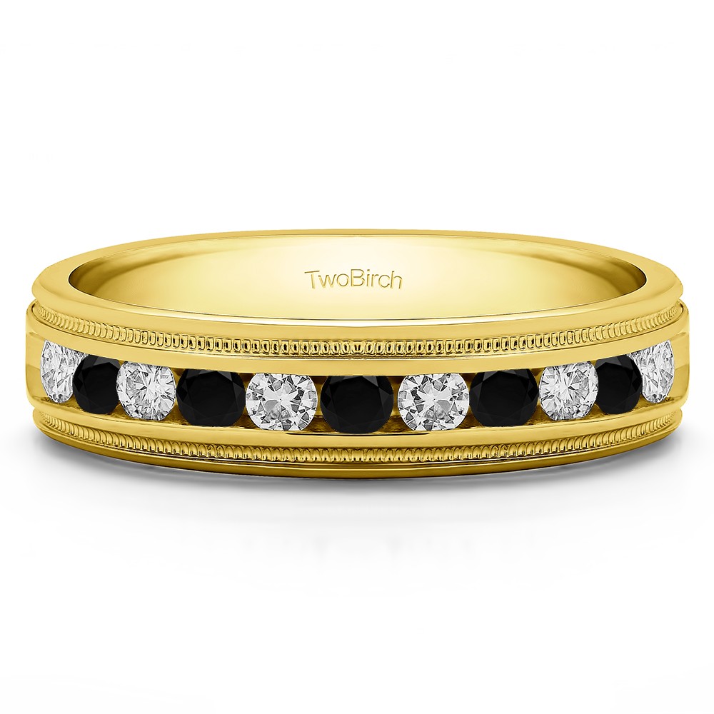 0.99 Ct. Black and White Stone Channel Set Men's Wedding Ring Featuring Millgrain Design in Yellow Gold