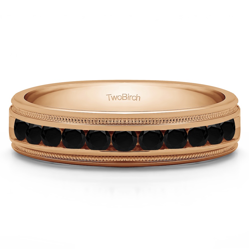 0.99 Ct. Black Stone Channel Set Men's Wedding Ring Featuring Millgrain Design in Rose Gold