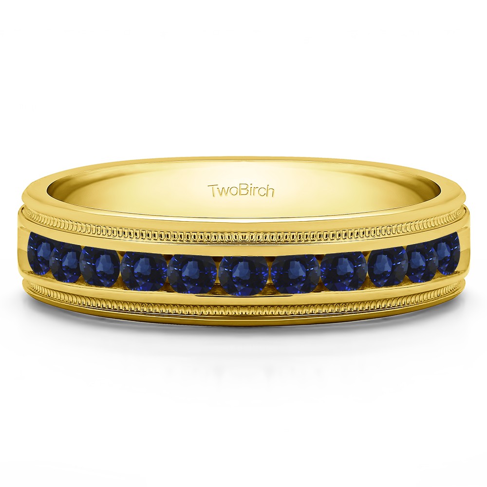 0.27 Ct. Sapphire Channel Set Men's Wedding Ring Featuring Millgrain Design in Yellow Gold