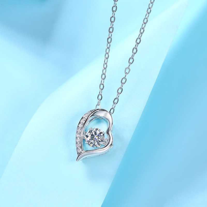 Platinum Plated Sterling Silver Moissanite Heart Pendant with Floating ...