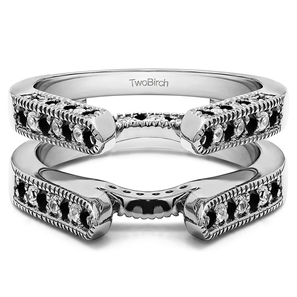 0.55 Ct. Black and White Stone Millgrained Round Cathedral Ring Guard