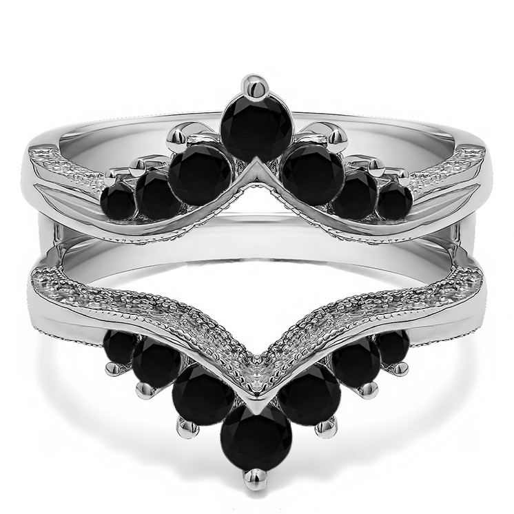 Black Stone Chevron Vintage Ring Guard with Millgrained