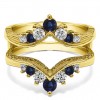 0.74 Ct. Sapphire and Diamond Chevron Vintage Ring Guard with Millgrained Edges and Filigree Cut Out Design in Yellow Gold