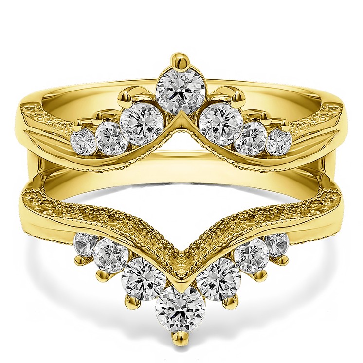 0.74 Ct. Chevron Vintage Ring Guard with Millgrained Edges and Filigree Cut Out Design in Yellow Gold