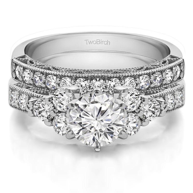 Three Stone Cluster Vintage Engagement Ring Bridal Set (2 Rings) (2.04 ...