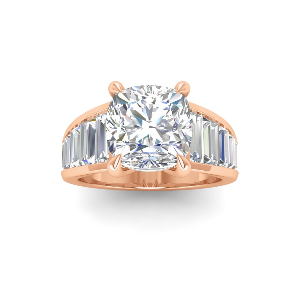 5 Ct Cushion Lab Diamond Statement Engagement Ring with Wide Baguette Band