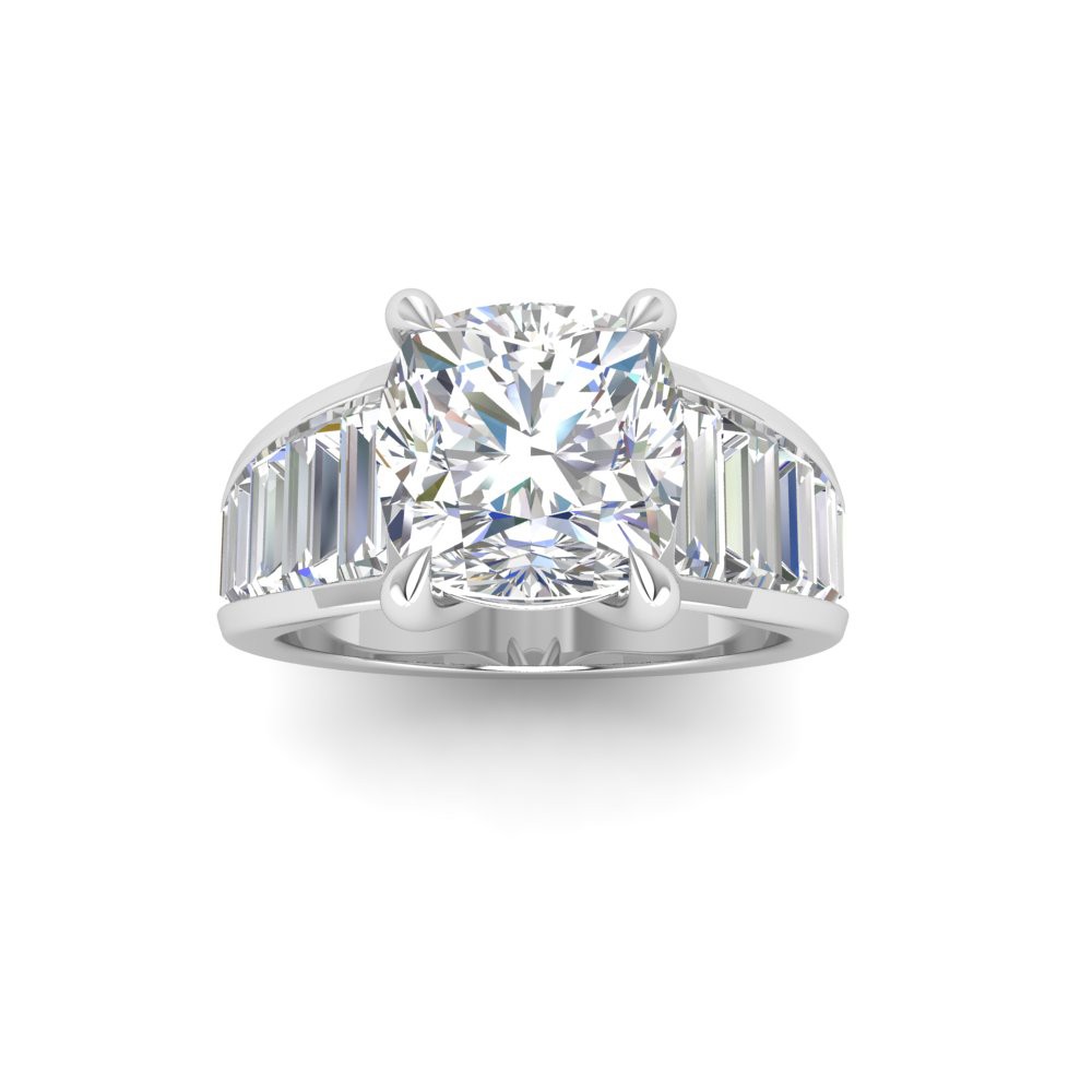 4 Ct Cushion Lab Diamond Statement Engagement Ring with Wide Baguette Band