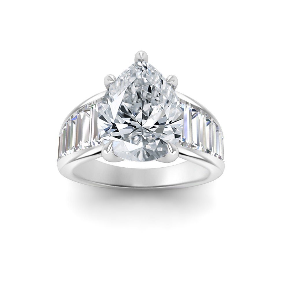 2 Ct Pear Moissanite Statement Engagement Ring with Wide Baguette Band