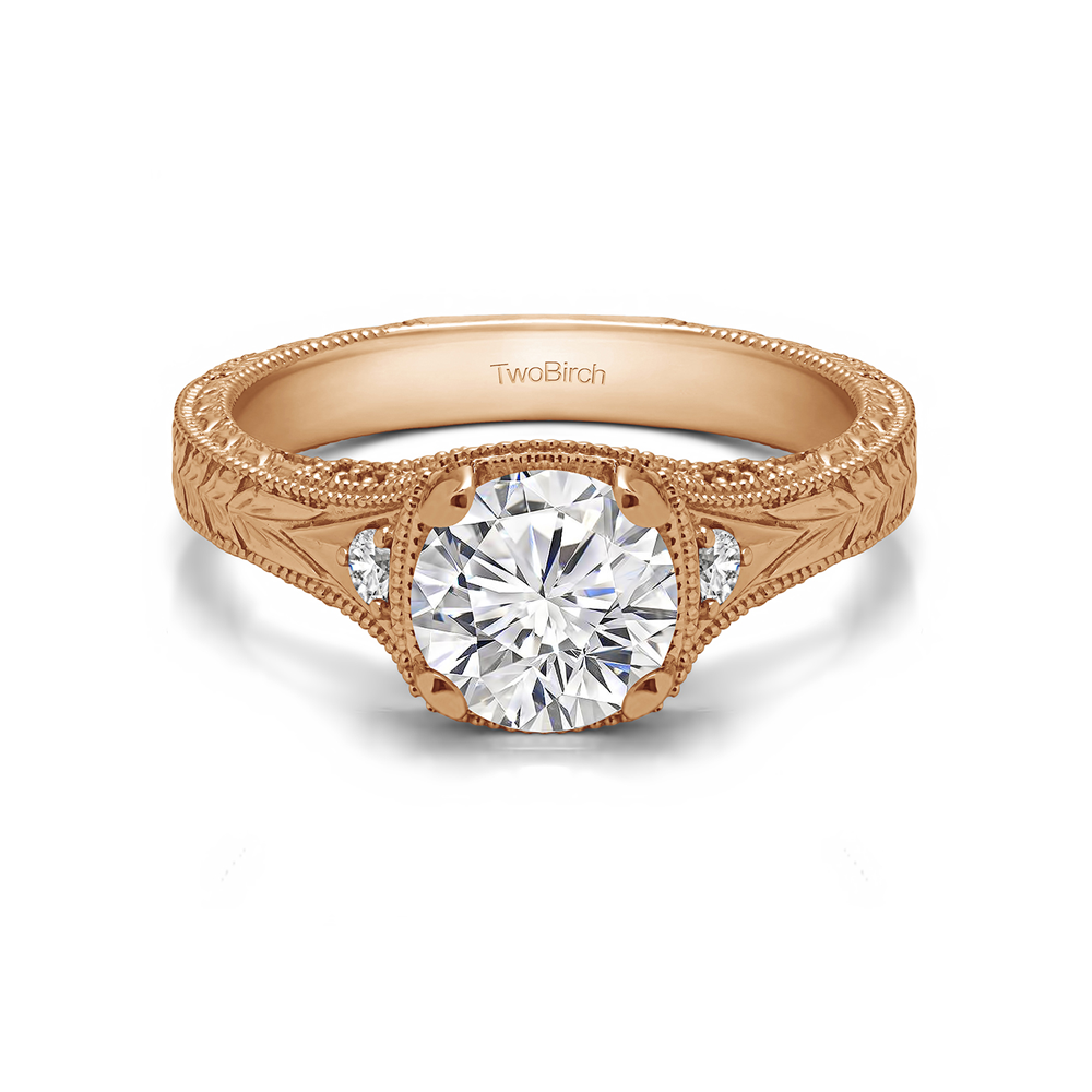 3 Ct Round Colorless Lab Diamond Vintage Three Stone Engagement Ring with Engraved Shank